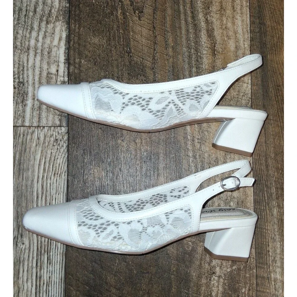 NEW! Women's Easy Street Fortune White Lace Square Toe Slingback Pumps, Size 7M